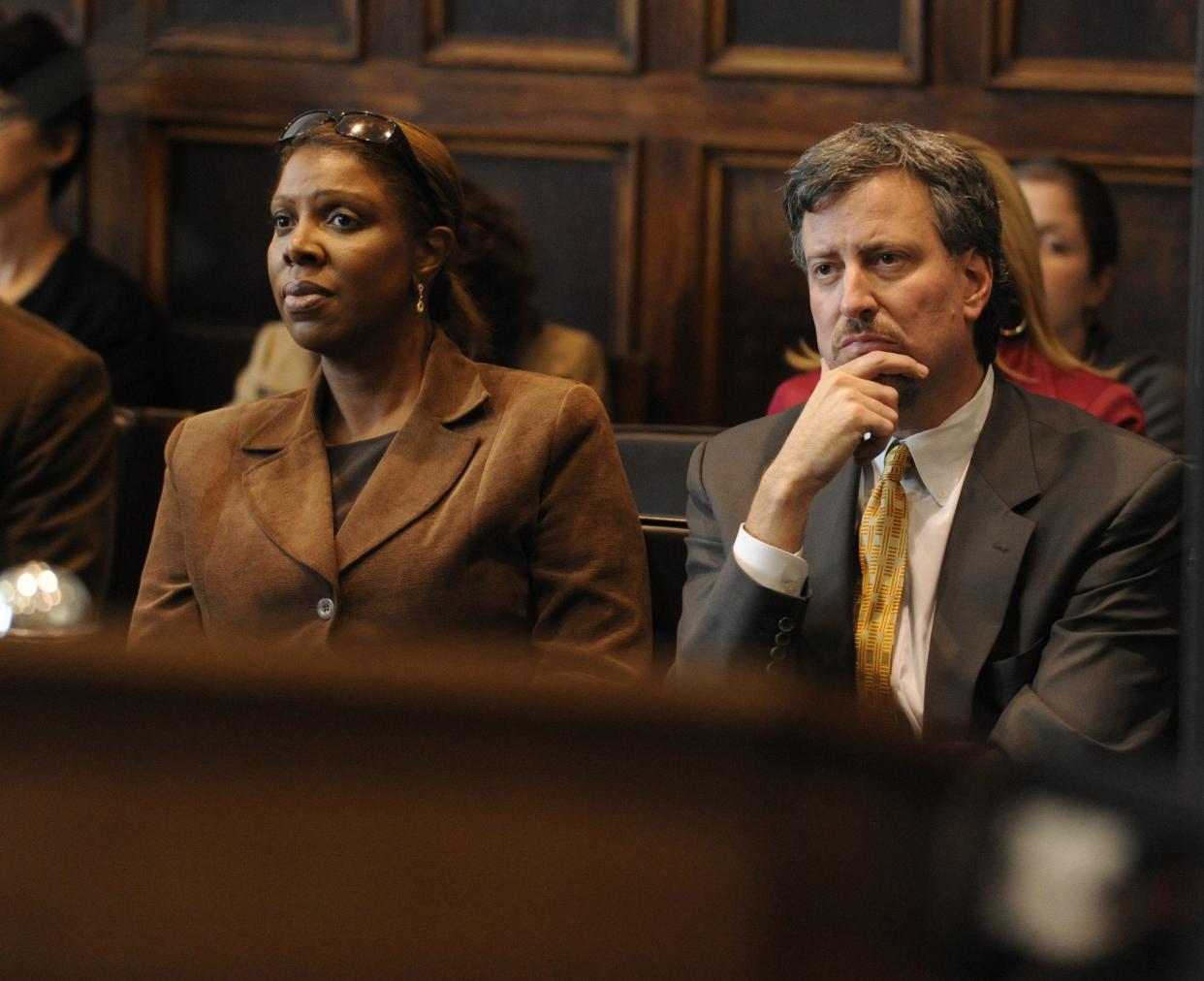 A lawsuit was filed in Manhattan Supreme Court on October 22, 2008 by City Council members Letitia James (l.) and Bill De Blasio (r.) to block tomorrow's proposed City Council vote that could alter the current term limits for elected officials, including then-Mayor Bloomberg.