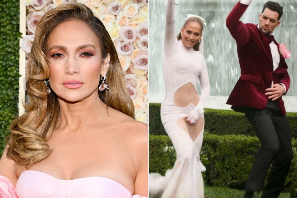 <p>Michael Buckner/Golden Globes 2024/Golden Globes 2024 via Getty; jennifer lopez/ Instagram</p> Jennifer Lopez wears a skin-baring wedding dress in the music video for her latest single "Can