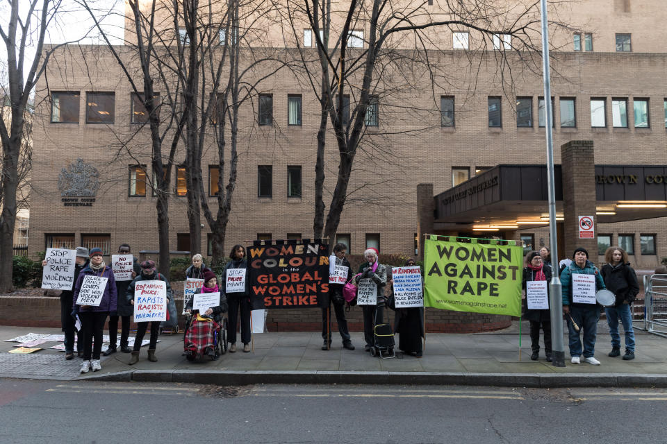 LONDON, UNITED KINGDOM - FEBRUARY 06: Activists gather for a protest outside Southwark Crown Court as sentencing trial of former Metropolitan Police officer David Carrick begins after he pleaded guilty to 49 sexual offences including 24 counts of rape targeting more than a dozen women in a span of two decades in London, United Kingdom on February 06, 2023. Demonstrators protest against misogyny and other institutional violence by the police as well as the government handling the police more powers to stop protests through Public Order Bill. (Photo by Wiktor Szymanowicz/Anadolu Agency via Getty Images)