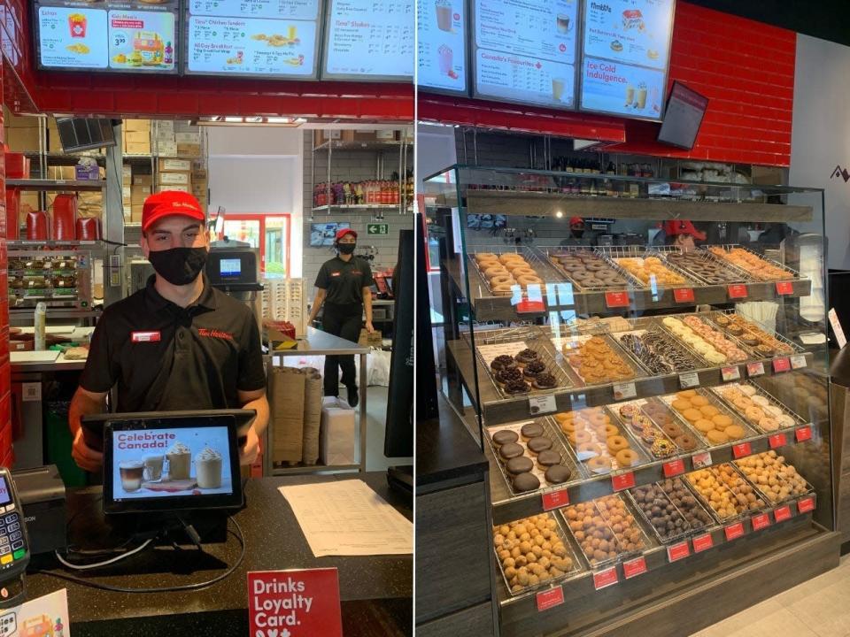 The ordering station is right next to a display of gorgeous-looking donuts.