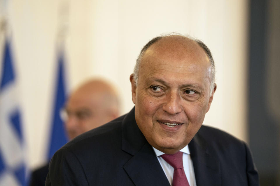 Egyptian foreign minister Sameh Shoukry looks on before his meeting with Greek Prime Minister Kyriakos Mitsotakis in Athens, Tuesday, April 11, 2023. Greece and Egypt have close military ties and are planning to build an undersea electricity grid connector across the Mediterranean. (AP Photo/Petros Giannakouris)
