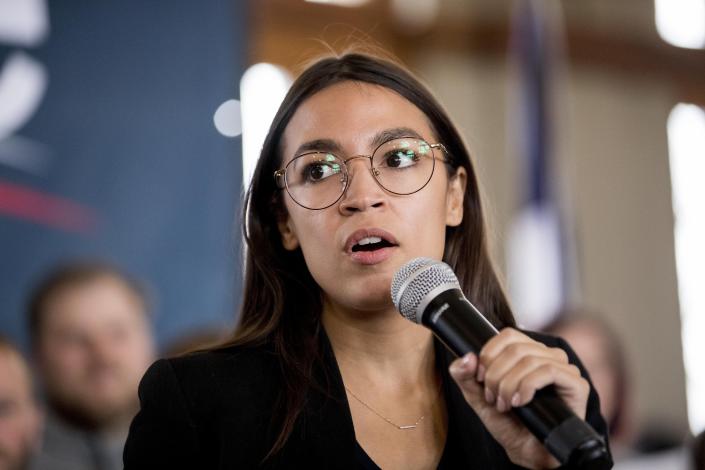 Rep. Alexandria Ocasio-Cortez, D-N.Y., speaks at a campaign stop for Democratic presidential candidate Sen. Bernie Sanders, I-Vt., at La Poste, Sunday, Jan. 26, 2020, in Perry, Iowa. (AP Photo/Andrew Harnik)                                               