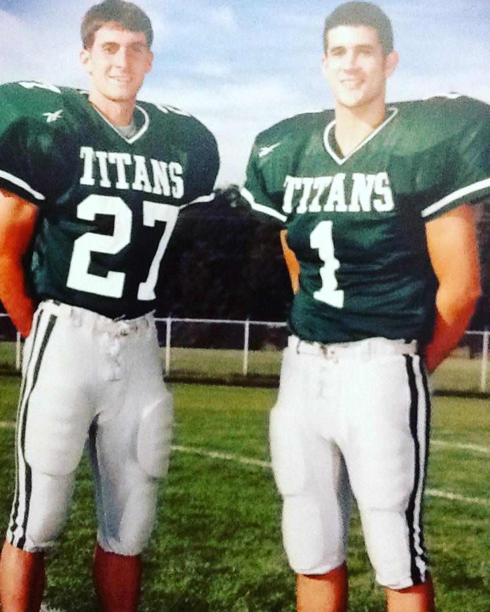 This photo shows Patrick Hanlon, right, and his brother Sean when they played for the Illinois Wesleyan University football team.