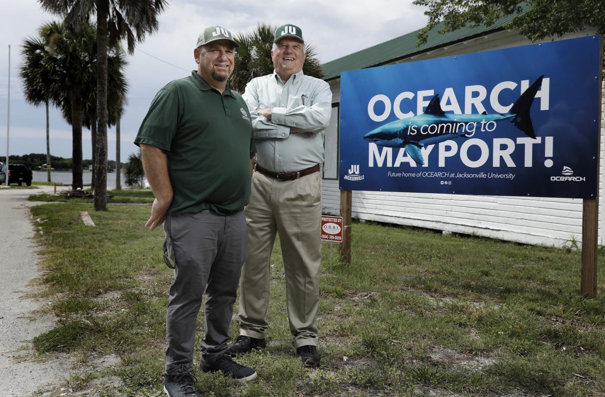 Jacksonville University shark expert Bryan Frank and marine biologist Quinton White at the location for the new Ocearch facility location on the St Johns River in old Mayport Village.