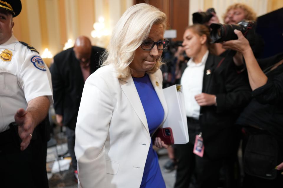 In a July 21, 2022, photo, Rep. Liz Cheney (R-Wyo.) departs after chairing the eighth public hearing of the House committee investigating the Jan. 6, 2021, attack on the U.S. Capitol.