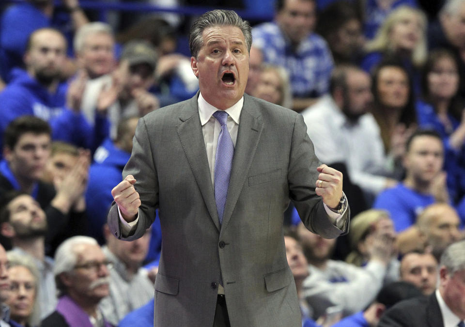 Kentucky coach John Calipari yells to his team during the second half of an NCAA college basketball game against Tennessee in Lexington, Ky., Saturday, Feb. 16, 2019. Kentucky won 86-69. (AP Photo/James Crisp)