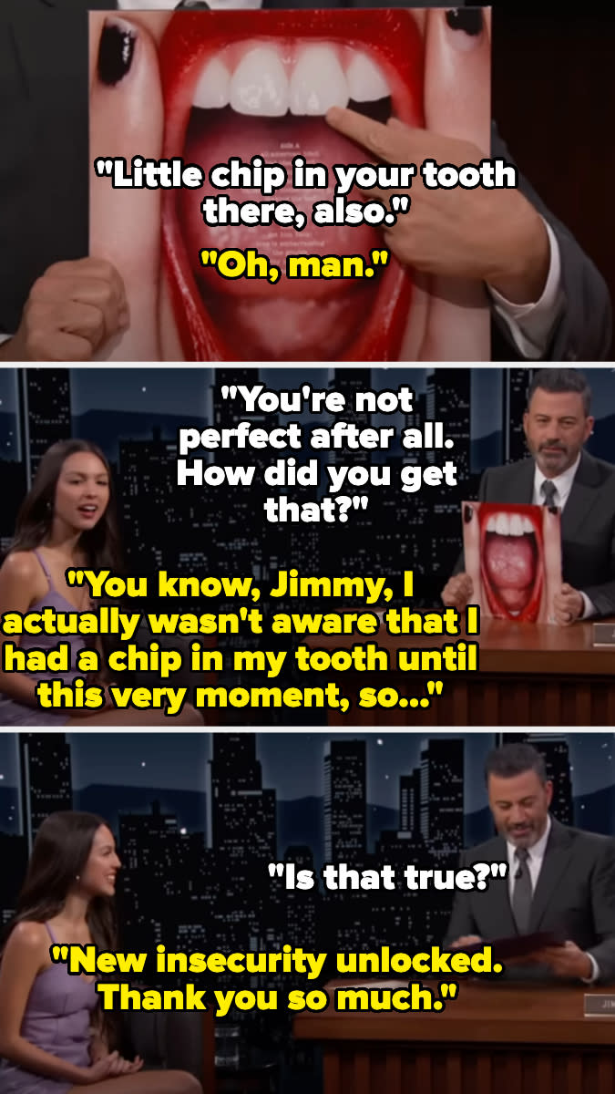 Olivia Rodrigo and Jimmy Kimmel discuss an image of her teeth on "Jimmy Kimmel Live!" Olivia discovers a chip in her tooth and comments on her new insecurity