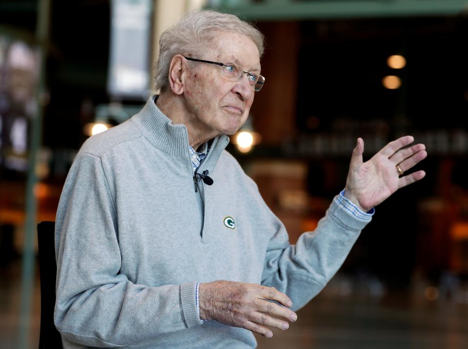 Bob Harlan, former Green Bay Packers president and CEO, talks about the need 20 years ago for renovations to Lambeau Field to make it a year-round destination, during an interview in the atrium on Feb. 8, 2023, in Green Bay, Wis.