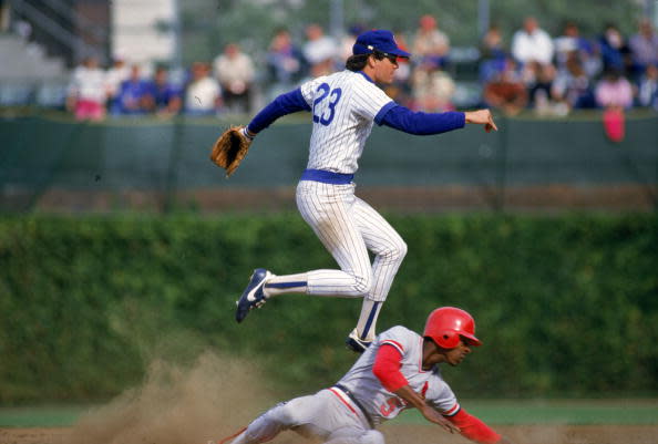 CHICAGO: Ryne Sandberg of the Chicago Cubs fields during an MLB game at Wrigley Field in Chicago, Illinois. Ryne Sandberg played for the Chicago Cubs from 1982-1997. (Photo by Ron Vesely/MLB Photos via Getty Images)