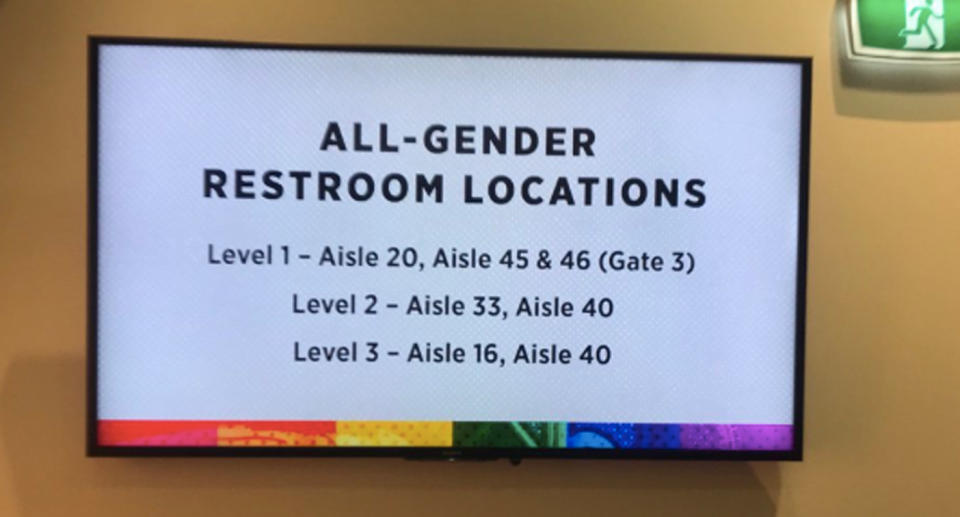 A sign shows all-gender restroom locations at the annual pride game.” Source: @paulkidd/ Twitter