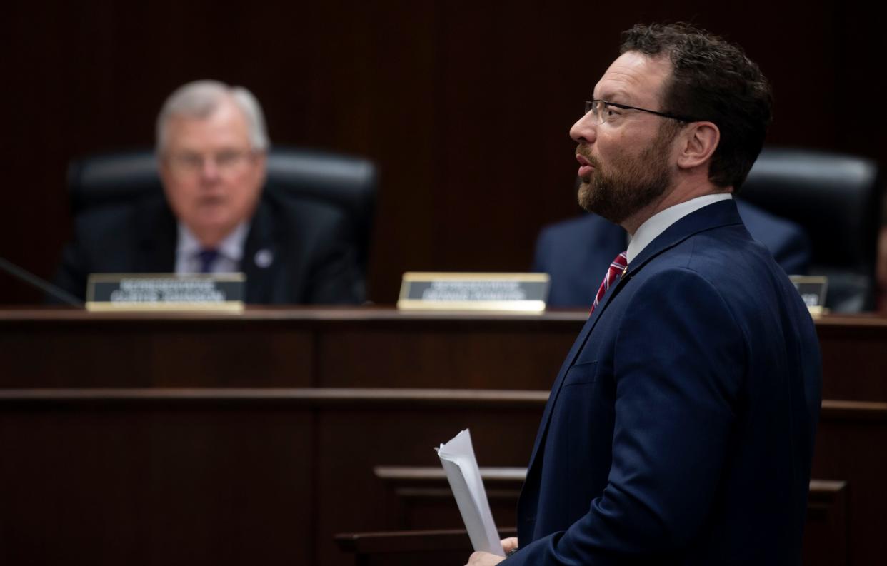 Rep. Jason Zachary, R- Knoxville, has a heated exchange with Rep. Vincent Dixie D- Nashville, at Cordell Hull State Office Building in Nashville, Tenn., Tuesday, March 12, 2024.