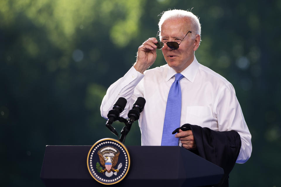 US president Joe Biden puts on his sunglasses at the end of his closing press conference during the US - Russia summit in Geneva, Switzerland, Wednesday, June 16, 2021. (Peter Klaunzer/Keystone via AP, Pool)