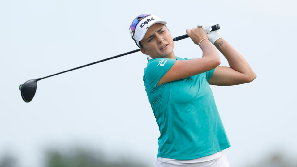 Lexi Thompson of the United States plays her shot from the sixth tee during the second round of the LPGA Drive On Championship at Bradenton Country Club on January 26, 2024 in Bradenton, Florida
