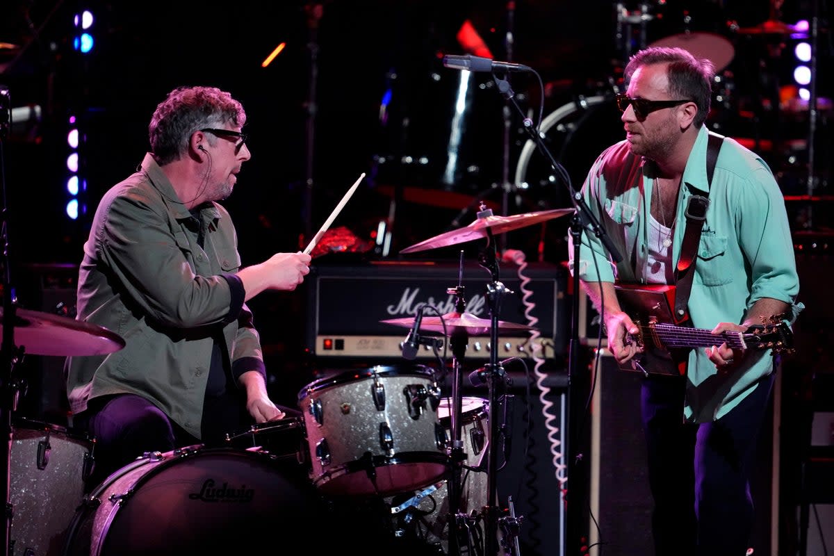 Patrick Carney, left, and Dan Auerbach, of The Black Keys, perform at the 2024 Love Rocks benefit concert in NYC for God’s Love We Deliver, at the Beacon Theatre in New York (Charles Sykes/Invision/AP)