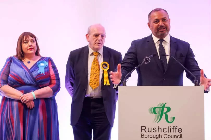 Newly elected Nottinghamshire Police and Crime Commissioner Gary Godden delivers a victory speech alongside candidates Caroline Henry and David Watts -Credit:Joseph Raynor/Nottingham Post