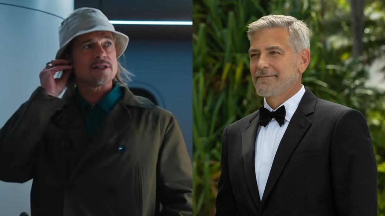  Left: Brad Pitt walking onto a train in Bullet Train. Right: George Clooney standing in a tux in Ticket to Paradise. 