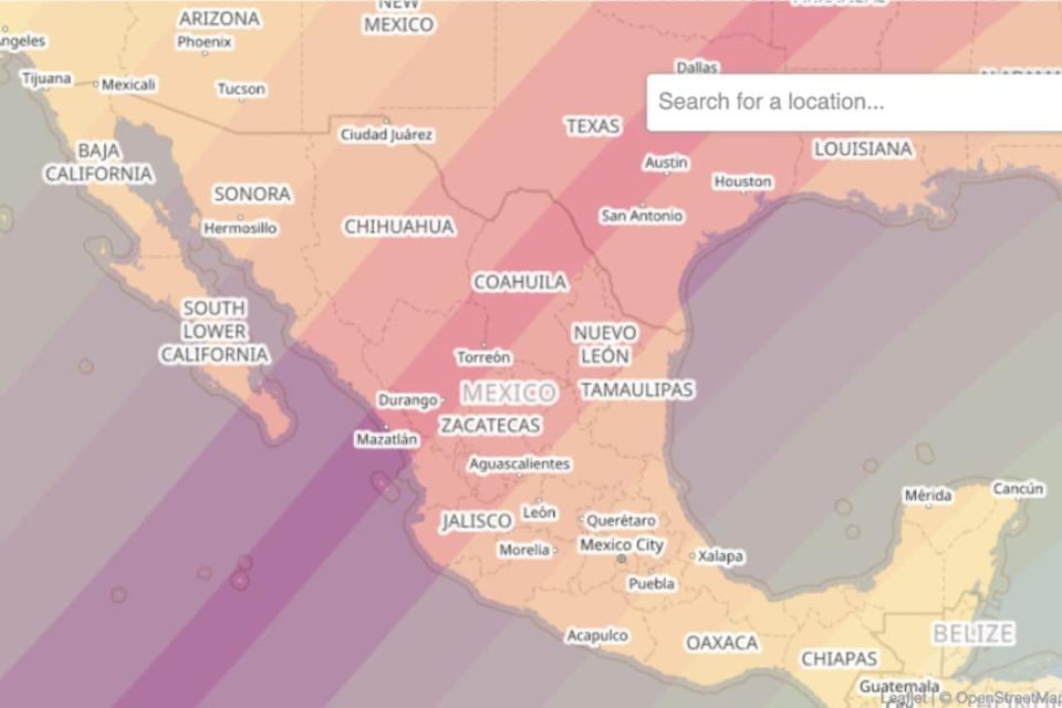 Trayectoria del eclipse solar total 2024. La franja más roja es donde se verá el eclipse total. Imagen: Instituto de Geofísica de la UNAM.