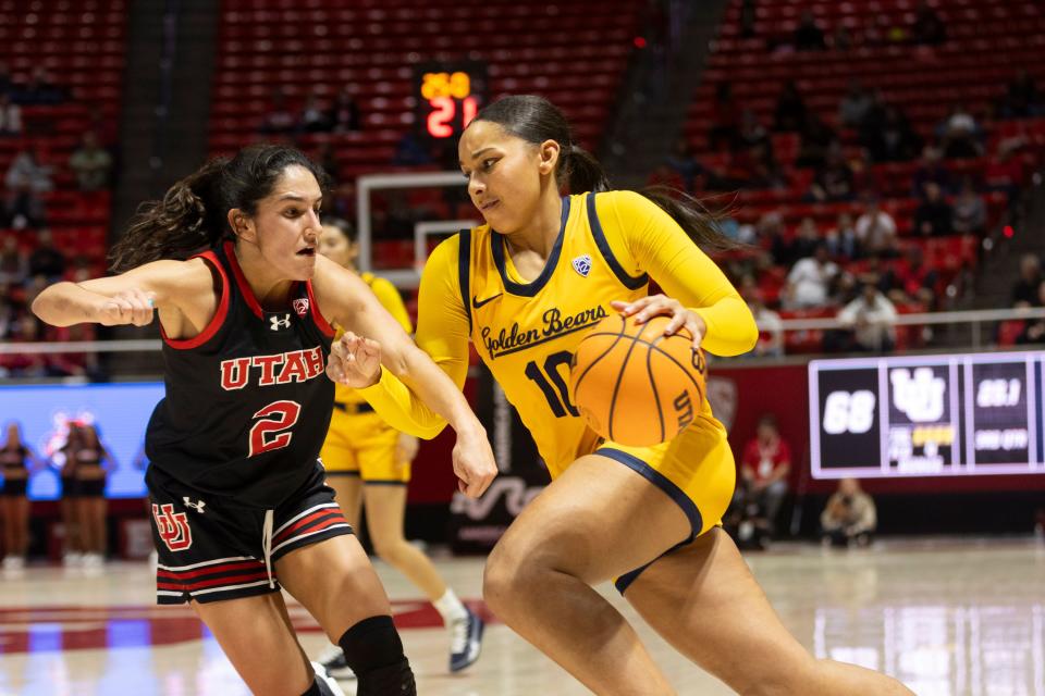 Utah Utes guard Inês Vieira (2) defends against University of California’s guard Lulu Twidale (10) at University of Utah’s Huntsman Center in Salt Lake City on Jan. 14, 2024. University of Utah won 93-56. | Marielle Scott, Deseret News