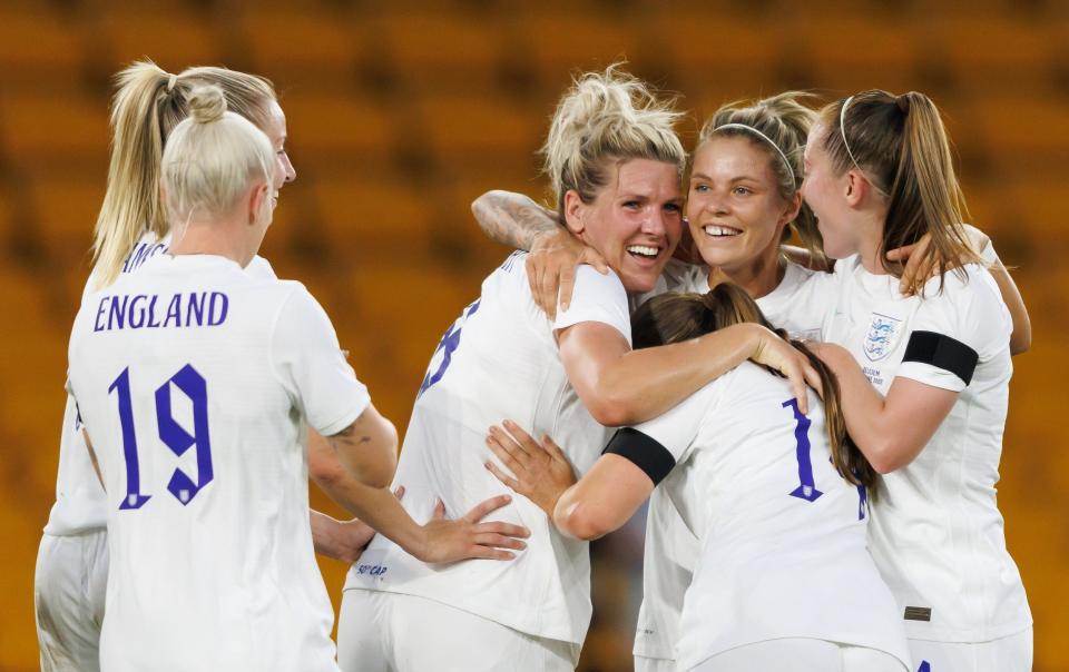 Rachel Daly of England celebrates scoring their 2nd goal with team mates during the Women's International friendly match between England and Belgium at Molineux on June 16, 2022 in Wolverhampton , United Kingdom. - GETTY IMAGES