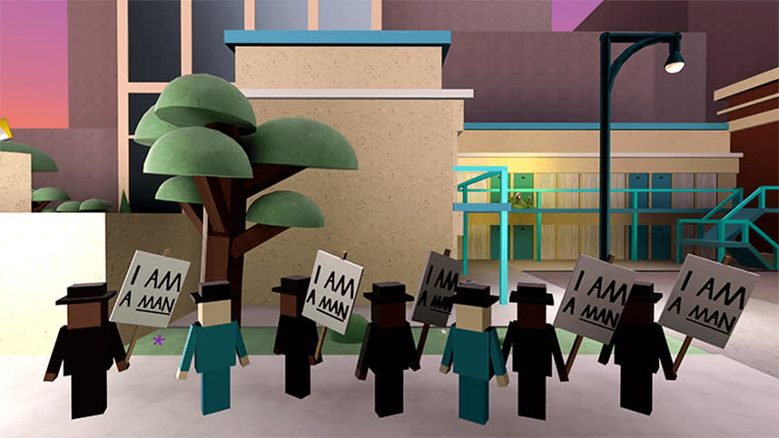 Virtual sanitation workers protesting and holding “I Am A Man” signs during a recreation of the Memphis 1968 sanitation strike in the metaverse. (Courtesy Gabe Gault)