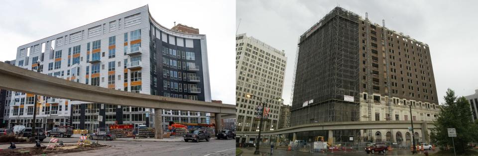 City Club Apartments CBD Detroit on Tuesday, Jan. 19, 2021, left and the Statler Hilton from 2025.