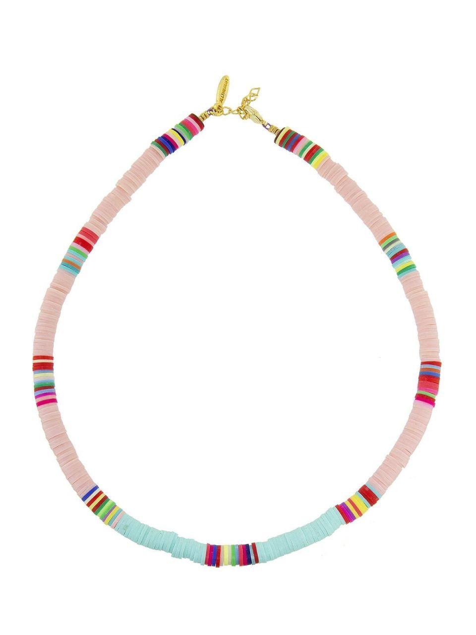 21) Light Pink and Light Blue Heishi Bead Yellow Gold Necklace