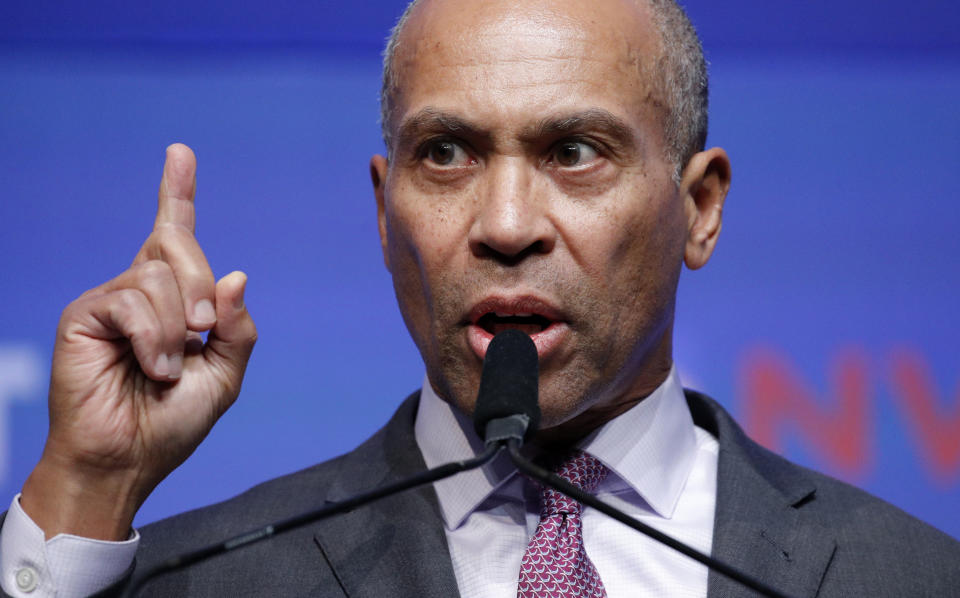 Democratic presidential candidate former Massachusetts Gov. Deval Patrick speaks during a fundraiser for the Nevada Democratic Party, Sunday, Nov. 17, 2019, in Las Vegas. (AP Photo/John Locher)