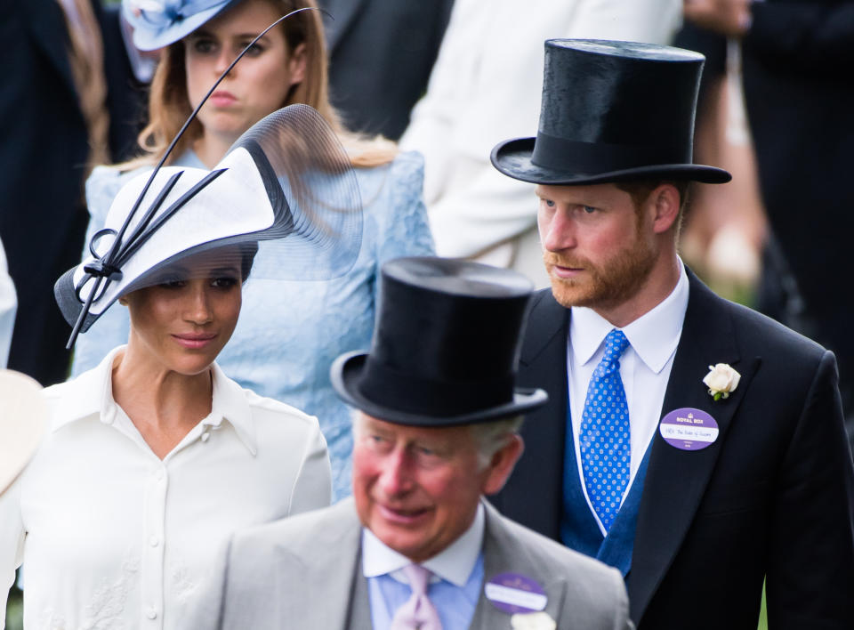 Meghan, Duchess of Sussex, Prince Charles, Prince of Wales and Prince Harry, Duke of Sussex attend Royal Ascot Day 1 at Ascot Racecourse on June 19, 2018 in Ascot, United Kingdom.