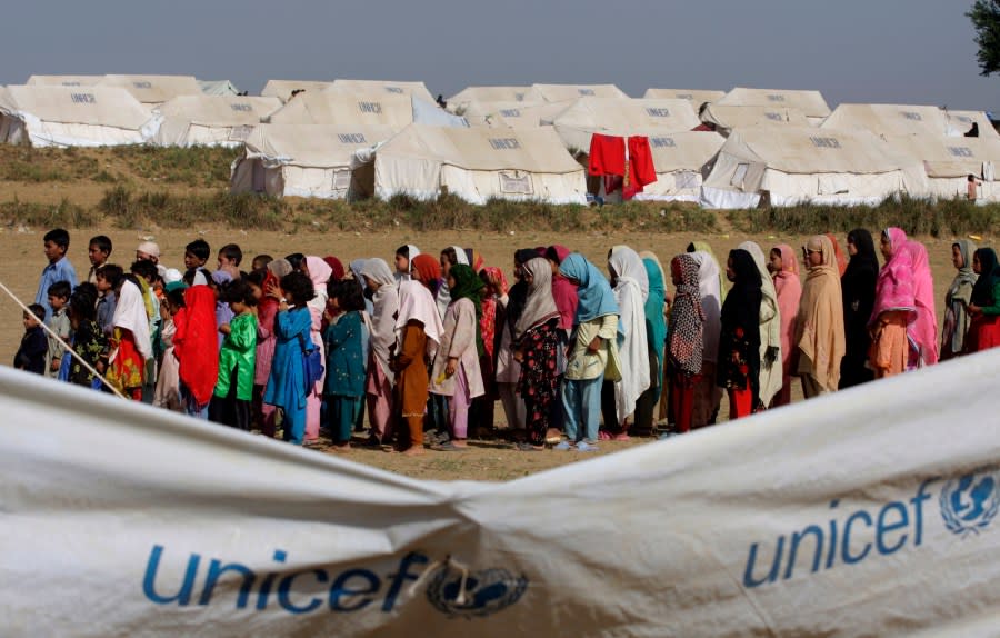 Pakistani children attend their school established by UNICEF in Chota Lahore Refugee Camp in Swabi, Pakistan on Wednesday, May 20, 20089. Secretary of State Hillary Rodham Clinton said the United States was sending $110 million in emergency humanitarian aid to Pakistan, part of the administration’s new strategy for countering the appeal of Taliban militants in the nuclear-armed American ally. (AP Photo/Anjum Naveed)