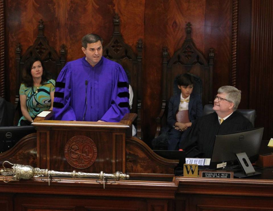 House Speaker Murrell Smith speaks to members of The House after being sworn in during session in Columbia, S.C. on Thursday, April 28, 2022. (Travis Bell/STATEHOUSE CAROLINA)