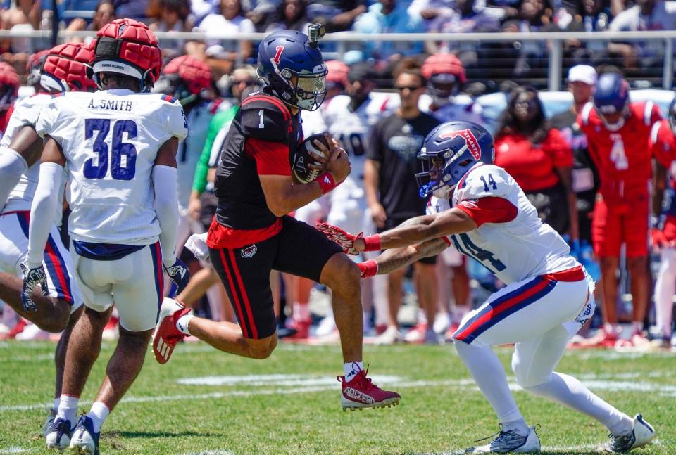 Quarterback Cameron Fancher (1) during the Spring Game at FAU Stadium on Saturday, April 13, 2024, in Boca Raton, FL.