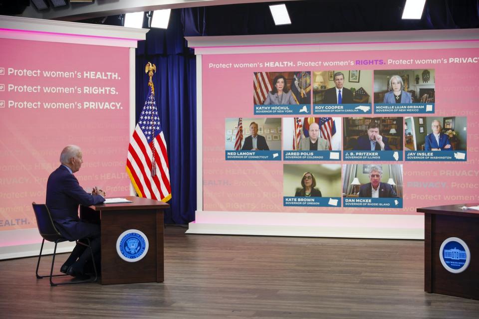 <span class="caption">President Joe Biden speaks with governors on protecting access to reproductive health care on July 1, 2022, in Washington, D.C.</span> <span class="attribution"><a class="link " href="https://www.gettyimages.com/detail/news-photo/president-joe-biden-speaks-with-governors-on-protecting-news-photo/1406237353?adppopup=true" rel="nofollow noopener" target="_blank" data-ylk="slk:Tasos Katopodis/Getty Images;elm:context_link;itc:0;sec:content-canvas">Tasos Katopodis/Getty Images</a></span>