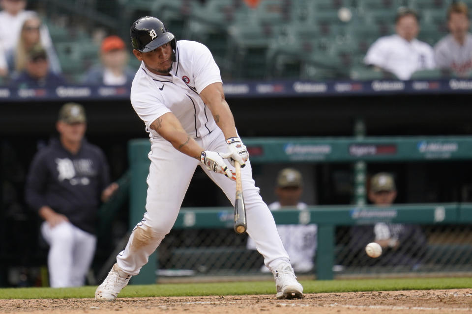 Detroit Tigers' Miguel Cabrera hits a one-run single against the Chicago Cubs in the seventh inning of a baseball game in Detroit, Saturday, May 15, 2021. (AP Photo/Paul Sancya)