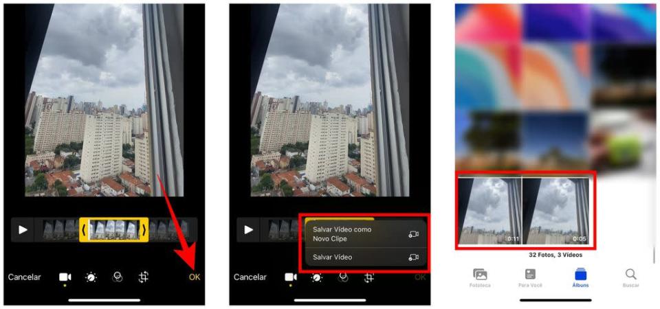 Após salvar a edição do seu vídeo, encontre-o ao lado da gravação original no app Fotos (Captura de tela: Lucas Wetten)