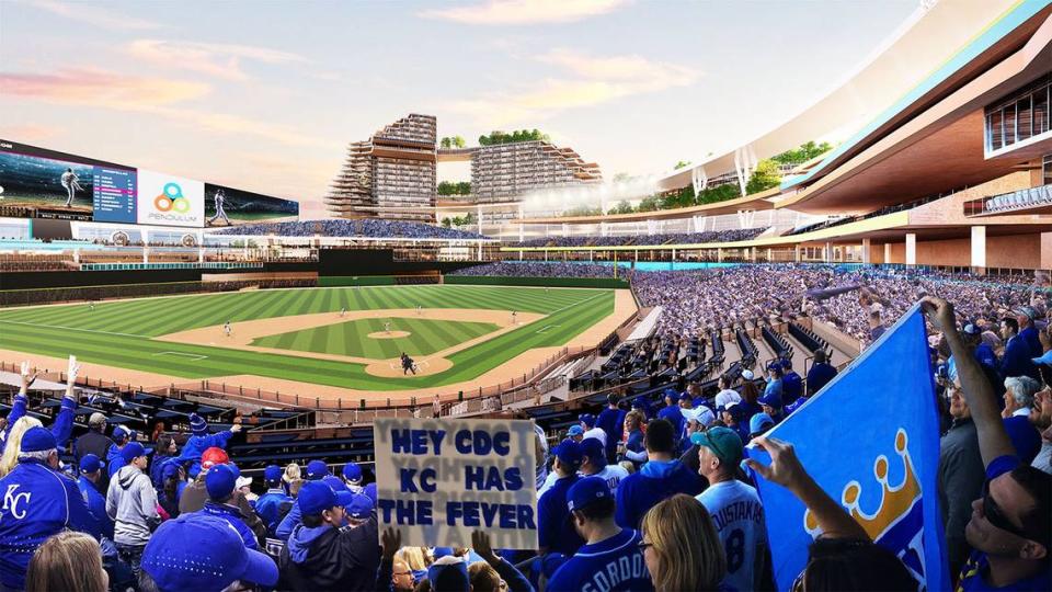 This Pendulum concept of a downtown baseball stadium shows a view from inside the stadium with luxury apartments just outside of the outfield. Pendulum