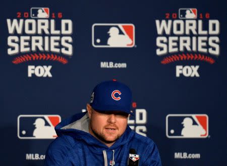 Oct 24, 2016; Cleveland , OH, USA; Chicago Cubs starting pitcher Jon Lester (34) talks to the media during work out day prior to the start of the 2016 World Series at Progressive Field. Mandatory Credit: Ken Blaze-USA TODAY Sports