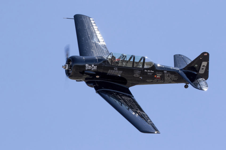 In this undated photo provided by the Reno Air Racing Association, one of the two planes involved in a fatal crash on Sept. 17, 2023, in Reno, Nev.,. is shown in flight. Two California pilots were killed when their planes collided in mid-air after completing a race and preparing to land over the weekend at the National Championship Air Races north of Reno. (Reno Air Racing Association via AP)