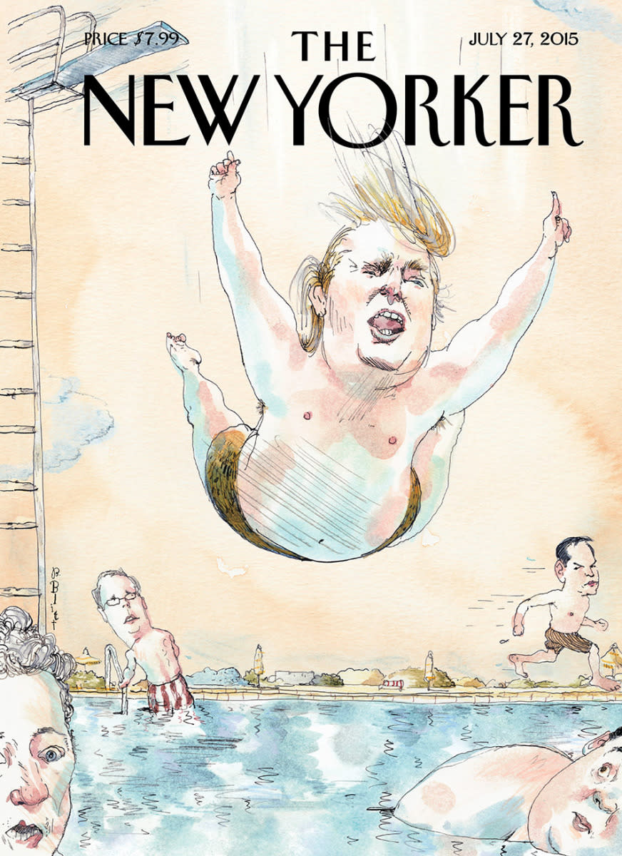 Un año antes, la misma revista New Yorker mostraba con sarcasmo lo que el candidato republicano estaba haciendo con el partido durante las primarias.