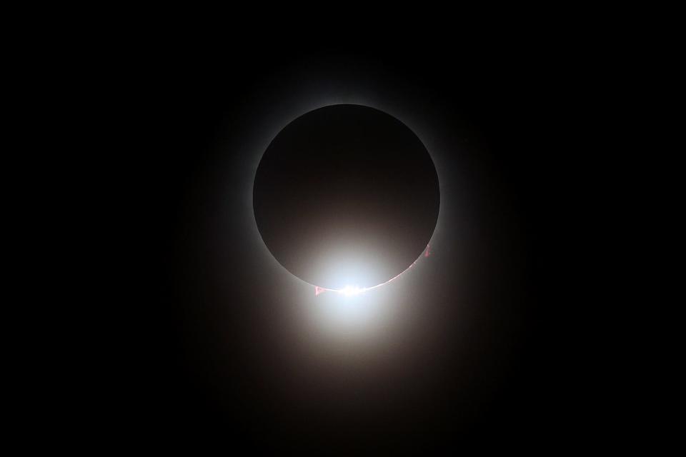 The total solar eclipse is seen before the game between the Cleveland Guardians and the Chicago White Sox at Progressive Field on April 08, 2024 in Cleveland, Ohio.