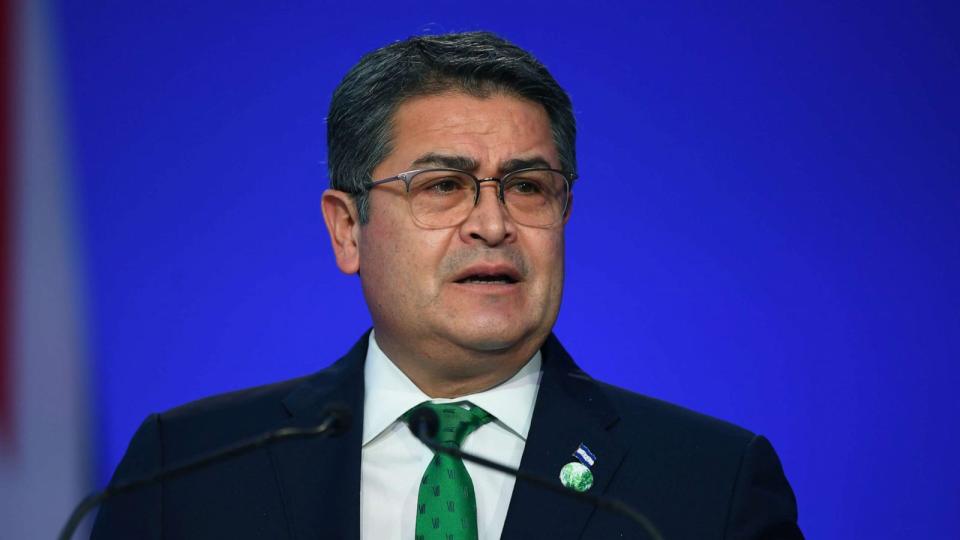 PHOTO: In this Nov. 1, 2021, file photo, Honduran President Juan Orlando Hernandez presents his national statement during day two of COP26 at SECC, in Glasgow, United Kingdom. (Pool via Getty Images, FILE)