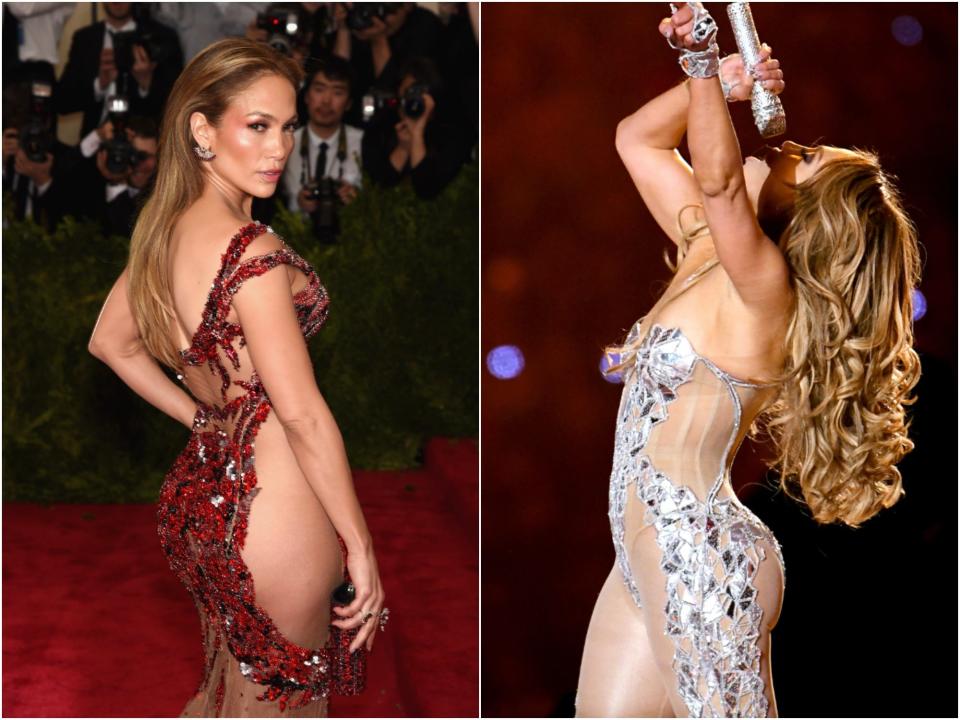 J-Lo at the 2015 Met Gala (l) and performing at the 2020 Super Bowl.