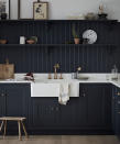 <p> Tongue and groove paneling and open shelving provide a relaxed look. Paired with cool white worksurfaces, a classic butler sink and deliciously dark Shaker cabinetry the effect is modern and chic. </p>