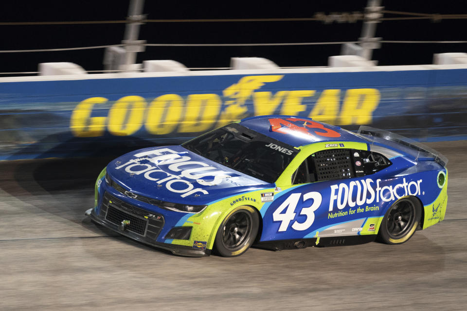 Erik Jones competes in the NASCAR Southern 500 auto race Sunday, Sept. 4, 2022, in Darlington, S.C. Jones held on to the victory after taking the lead from Kyle Busch, who blew a motor with 30 laps remaining in the race. (AP Photo/Sean Rayford)