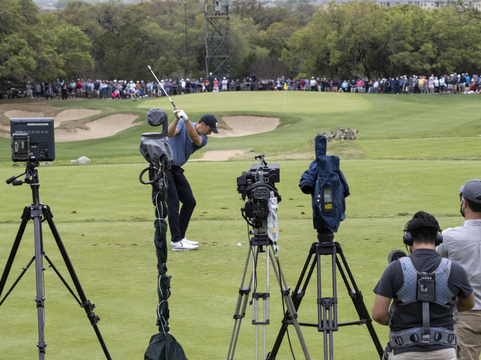 Jordan Spieth tees off on the 13th hole during the final round of the Valero Texas Open golf tournament in San Antonio, Saturday, April 4, 2021. (AP Photo/Michael Thomas)