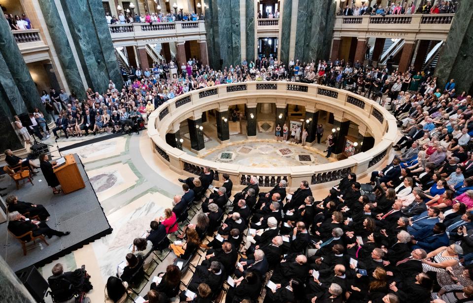 Wisconsin Supreme Court Justice Rebecca Dallet makes open remarks for Justice Janet Protasiewicz as she is sworn into the Wisconsin Supreme Court on Tuesday August 1, 2023 at the Wisconsin State Capitol in Madison, Wis.