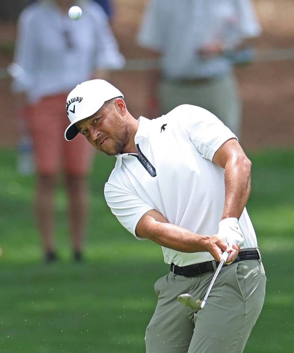 Xander Schauffele chips onto the second green during second round action of the Wells Fargo Championship at Quail Hollow Club in Charlotte, NC on Friday, May 10, 2024.