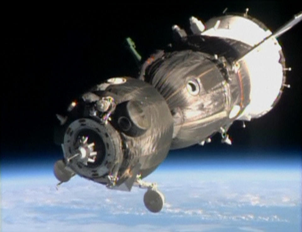 Still image taken from video shows the Soyuz spacecraft approaching the International Space Station