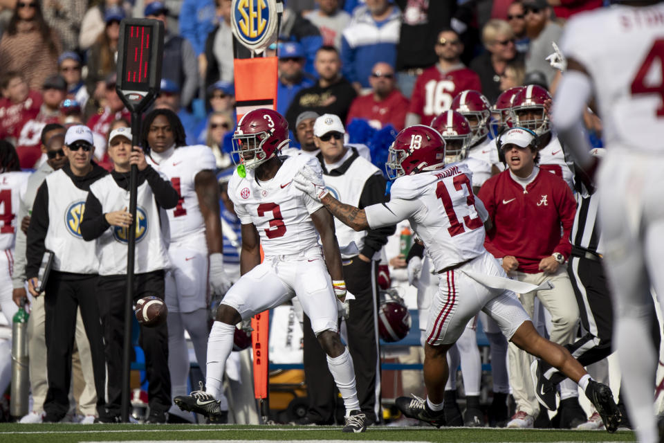 Alabama defensive back Terrion Arnold (3) and Malachi Moore celebrate an interception during the first half of an NCAA college football game against Kentucky in Lexington, Ky., Saturday, Nov. 11, 2023. (AP Photo/Michelle Haas Hutchins)