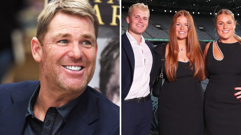 Shane Warne is pictured on the left, with his children Jackson, Summer and Brooke seen on the right.
