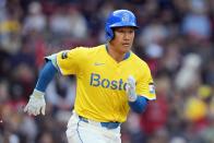 Boston Red Sox's Masataka Yoshida runs on his ground out during the seventh inning of a baseball game, Saturday, April 13, 2024, in Boston. (AP Photo/Michael Dwyer)